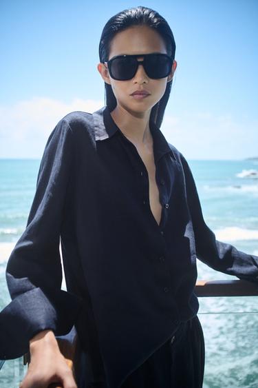 ZW COLLECTION 100% LINEN SHIRT - Navy blue by Zara