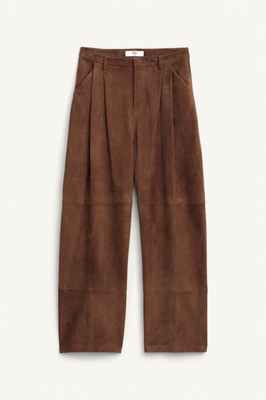 100% SUEDE DARTED TROUSERS LIMITED EDITION - Brown / Taupe by Zara
