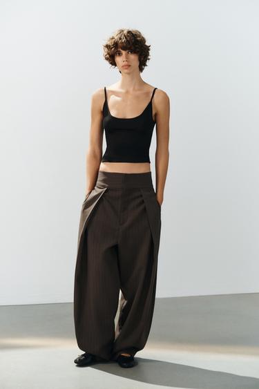 STRIPED PLEATED BALLOON TROUSERS - Brown Stripes by Zara - Image 0