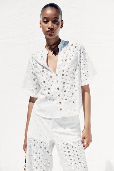 SHORT SHIRT WITH CUTWORK EMBROIDERY - White by Zara
