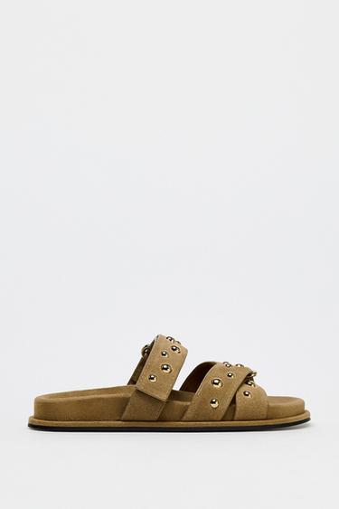 SPLIT SUEDE STUDDED SANDALS - Dark tan by Zara