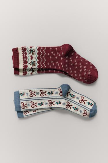 2-PACK OF LONG GREEK KEY AND BOW SOCKS - Burgundy by Zara