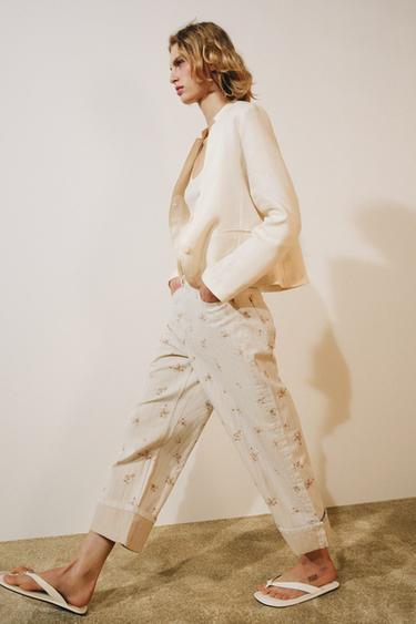 ZW COLLECTION MID-WAIST TAPERED FLORAL JEANS - Beige by Zara