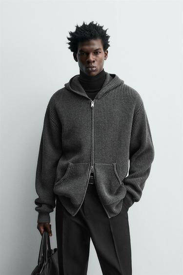 PURL KNIT COTTON - WOOL HOODED CARDIGAN - Grey marl by Zara