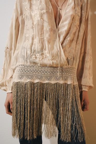 ZW COLLECTION EMBROIDERED FRINGED BLOUSE - Ecru / Beige by Zara