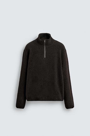FAUX SHEARLING QUARTER-ZIP SWEATSHIRT - Dark brown by Zara