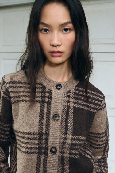 CHECK KNIT CARDIGAN - mink brown by Zara