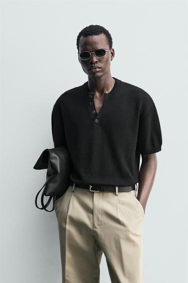 COTTON/LINEN KNIT T-SHIRT - Black by Zara