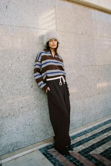 WIDE-LEG TROUSERS WITH DOUBLE WAISTBAND - Brown Stripes by Zara