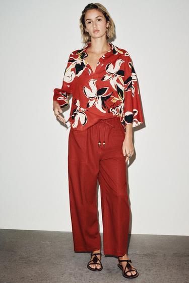 LINEN BLEND TROUSERS WITH BEADED DRAWSTRING - Brick by Zara