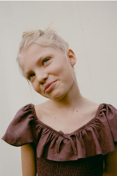 LINEN BLEND SMOCKED TOP - Brown by Zara