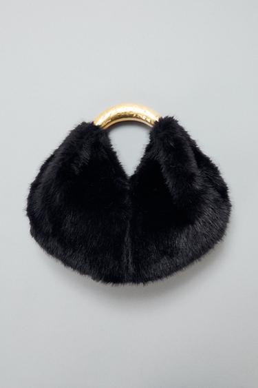 FAUX FUR HANDBAG WITH METAL HANDLE - Black by Zara