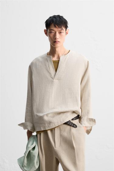 LINEN BLEND TEXTURED POLO SHIRT - Ecru by Zara