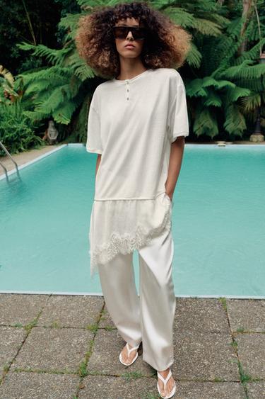 COMBINED LACE HENLEY T-SHIRT - Ecru by Zara