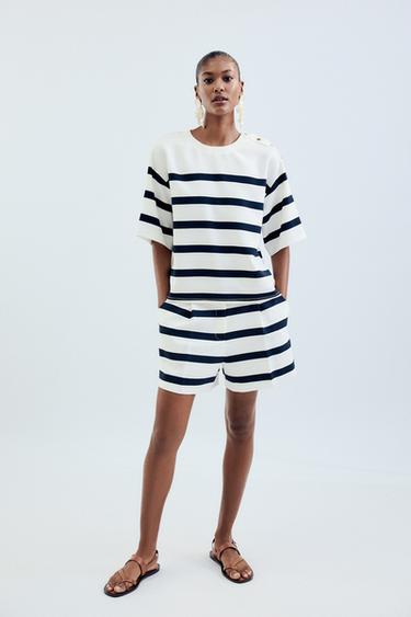 STRIPED SHORT SLEEVE TOP - White / Navy by Zara