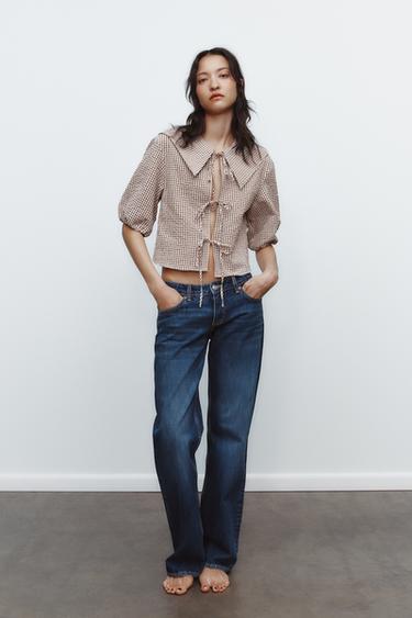 GINGHAM SHIRT WITH PETER PAN COLLAR - Khaki by Zara - Image 0