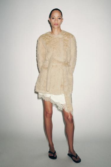 FAUX FUR COAT WITH BELT ZW COLLECTION - Ecru by Zara