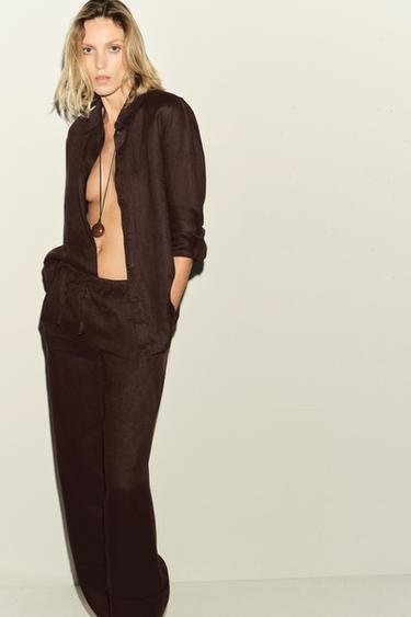 ZW COLLECTION 100% LINEN PALAZZO TROUSERS - Brown by Zara
