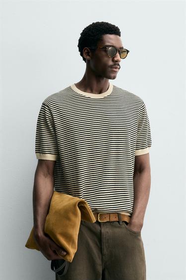 STRIPED COTTON - LINEN KNIT T-SHIRT - Ecru / Black by Zara