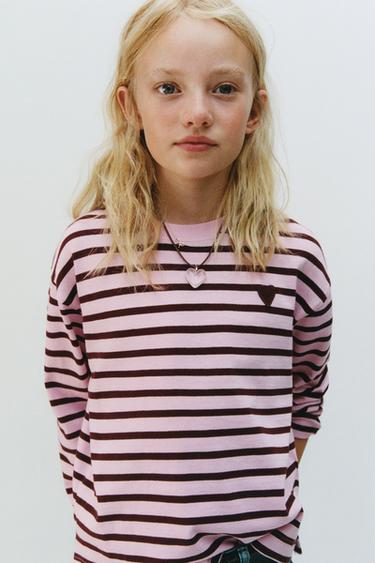 STRIPED T-SHIRT WITH HEART PATCH - Pink by Zara
