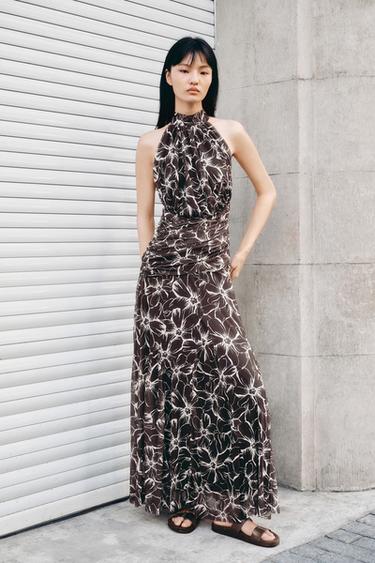 HALTER PRINTED TULLE MAXI DRESS - Brown by Zara