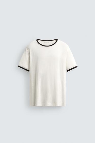 REGULAR FIT CONTRAST LINEN BLEND T-SHIRT - Oyster-white by Zara