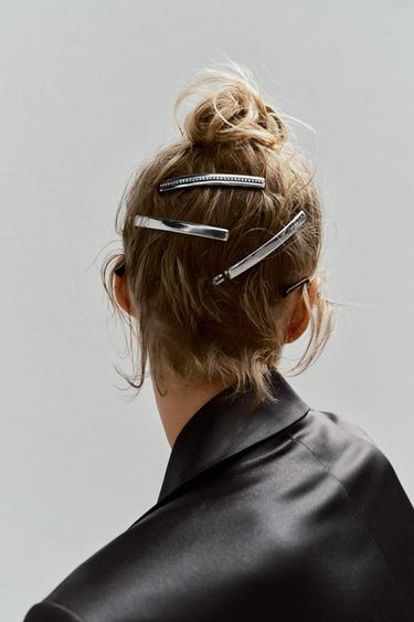 3-PACK OF PLAIN AND RHINESTONE METAL HAIR CLIPS - Silver by Zara