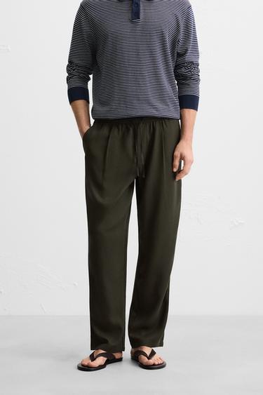 RELAXED FIT LYOCELL TROUSERS - Dark khaki by Zara