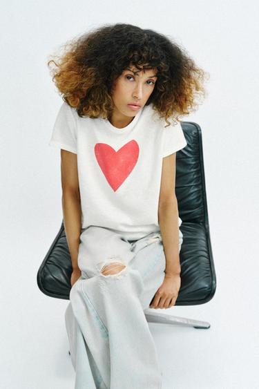 SHORT SLEEVE HEART T-SHIRT - White by Zara