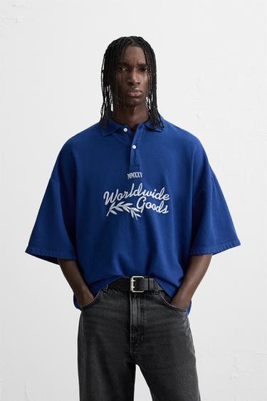 EMBROIDERED TEXT POLO SHIRT - Blue by Zara