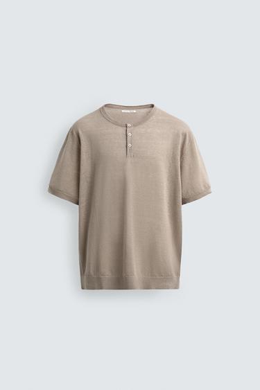 100% LINEN KNIT HENLEY T-SHIRT - Sand by Zara