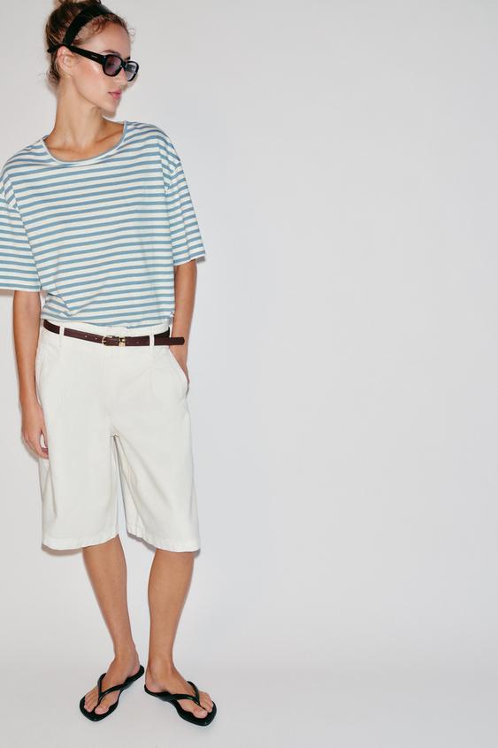 STRIPED SHORT SLEEVE T-SHIRT - Ecru / Blue by Zara - Image 0