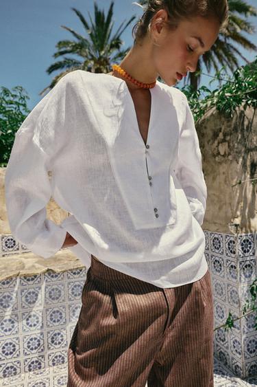 100% LINEN KIMONO SHIRT - White by Zara
