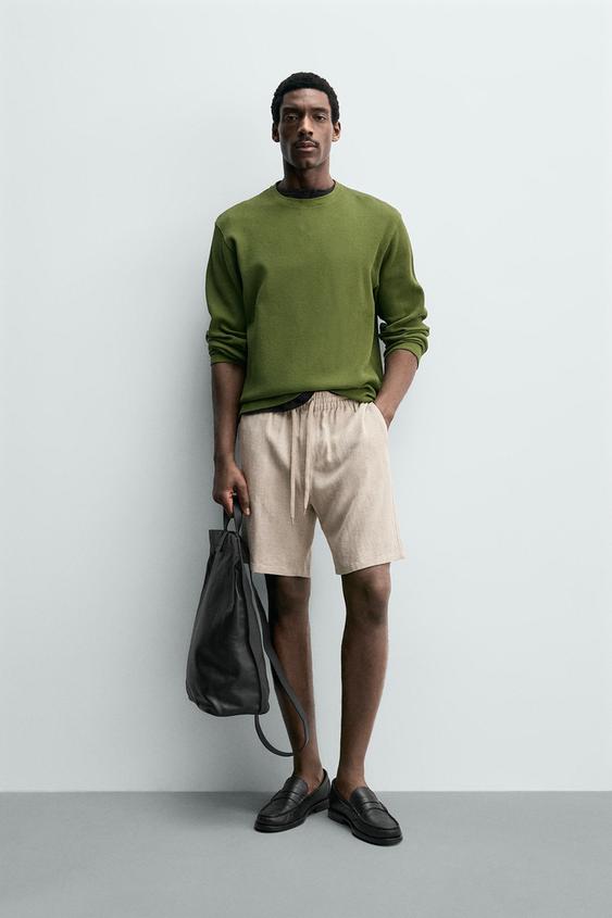 RELAXED FIT VISCOSE/LINEN BERMUDA SHORTS - Light beige by Zara - Image 0
