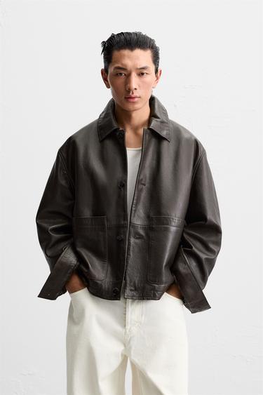 LEATHER JACKET WITH POCKETS - Brown by Zara