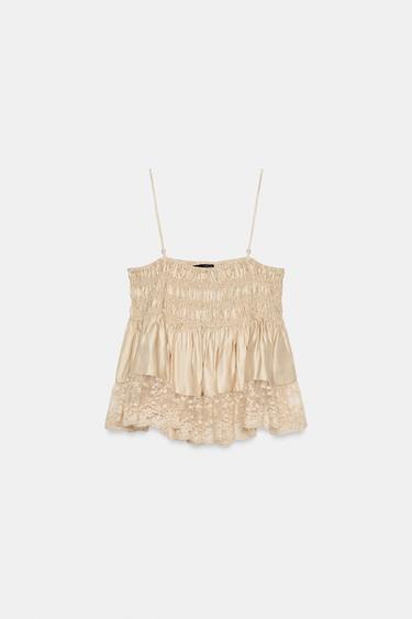 SATIN TOP WITH GATHERED LACE - Mink by Zara