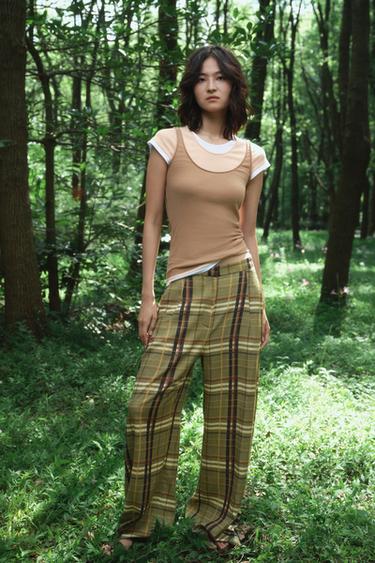 CHECKERED LINEN BLEND TROUSERS ZW COLLECTION - Green by Zara