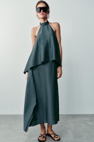 LINEN BLEND HALTER MIDI DRESS - Charcoal grey by Zara