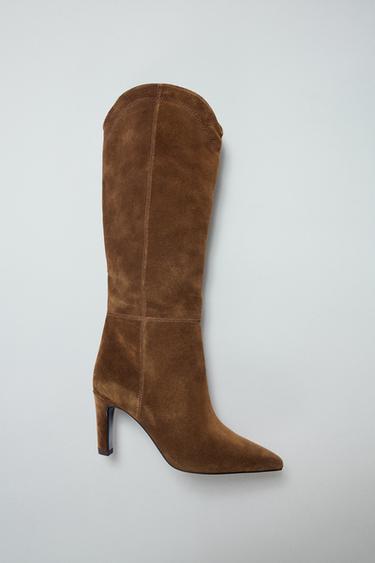 STITCHED SPLIT SUEDE HEELED BOOTS - Brown by Zara