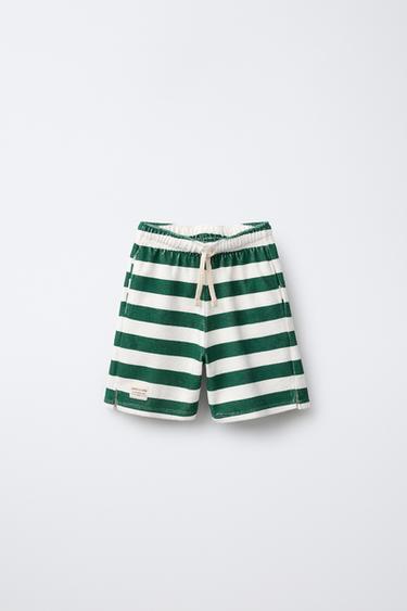 STRIPED TERRY TOWELLING BERMUDA SHORTS - Green / Ecru by Zara