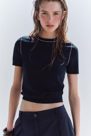 SHORT SLEEVE KNIT TOP WITH PIPING - Navy / White by Zara