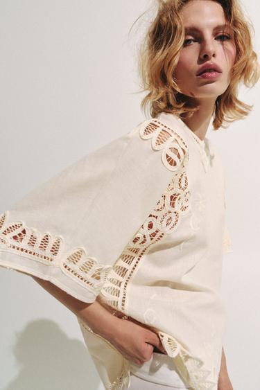 ZW COLLECTION EMBROIDERED LINEN BLEND BLOUSE - Ecru by Zara