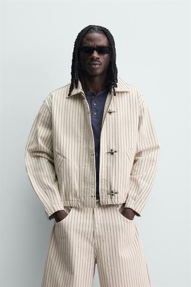 CROPPED FIT STRIPED FIREMAN CLASP JACKET - Ecru by Zara