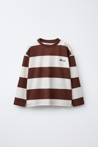 STRIPED T-SHIRT WITH EMBROIDERED TEXT - Brown / Ecru by Zara