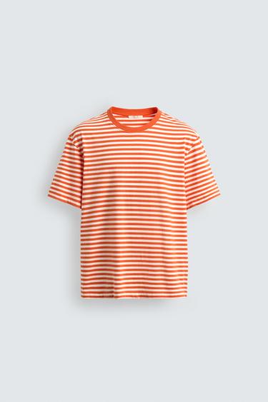 REGULAR FIT STRIPED JACQUARD T-SHIRT - white-orange by Zara