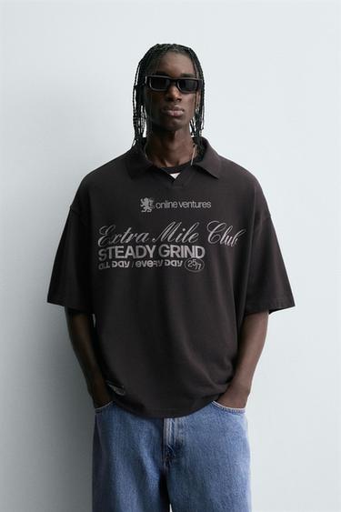 WASHED PRINTED TEXT POLO SHIRT - charcoal grey by Zara