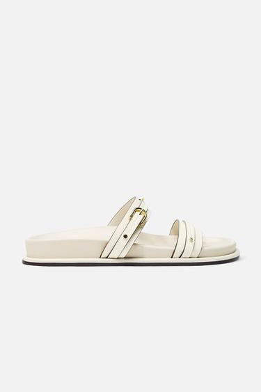 BUCKLED FLAT SLIDER SANDALS - Ecru White by Zara