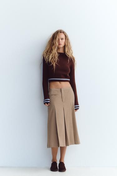 CHECK BOX PLEAT MIDI SKIRT - Beige-brown by Zara