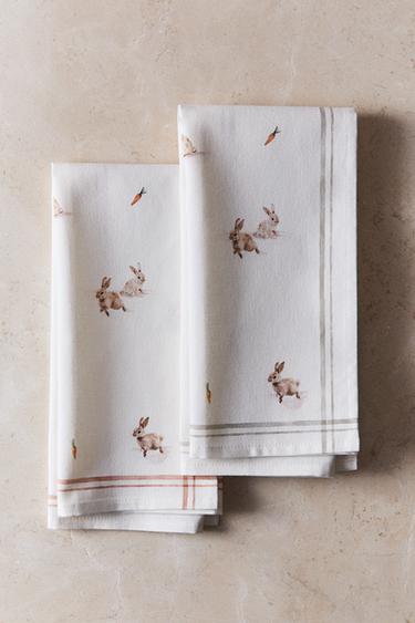 PACK OF COTTON RABBIT TEA TOWELS (PACK OF 2) - Ecru by Zara
