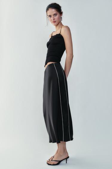 SATIN MIDI SKIRT WITH CONTRAST PIPING - Black by Zara